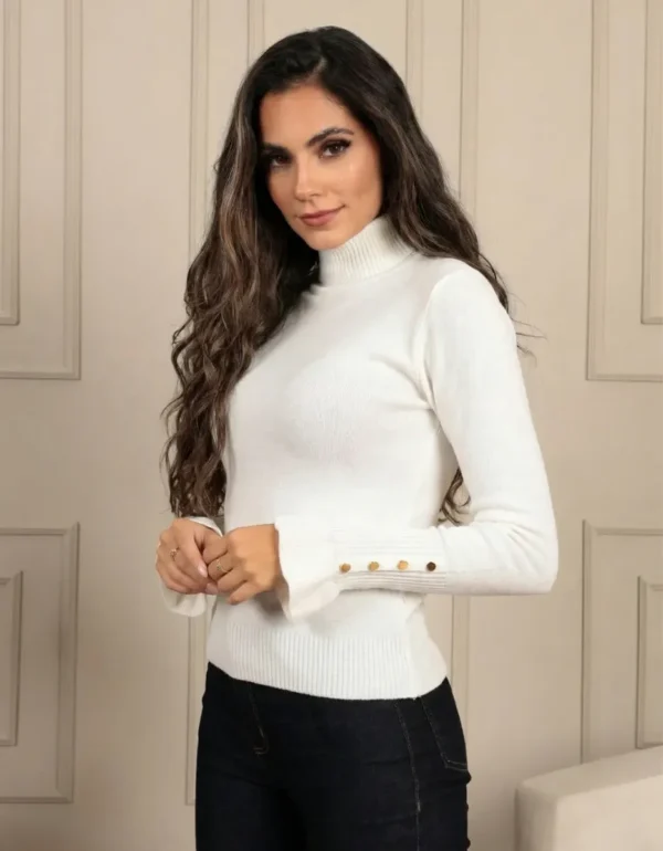 Cód. 1285 - Blusa Cacharrel Gola Alta Feminina Manga Flare Botões Babado
