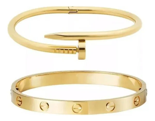 Cód. 310 - Kit 2 Bracelete Prego Moeda Antiga Aço Inox Dourado Premium
