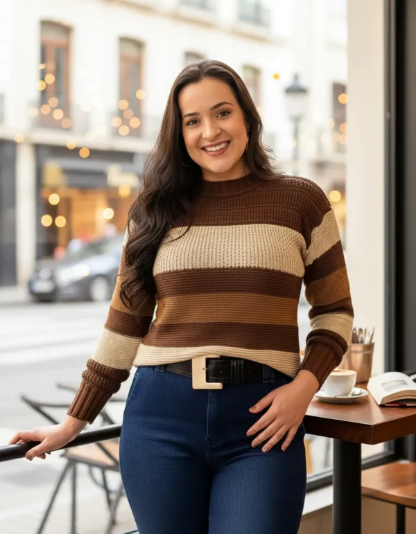 Cód. 1255 - Blusa Tricot Feminina Listrada Manga Longa Sueter Inverno