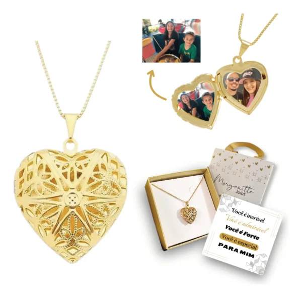Cód. 320 - Colar 2 Fotos Relicário Luxo Coração Banhado A Ouro 18k