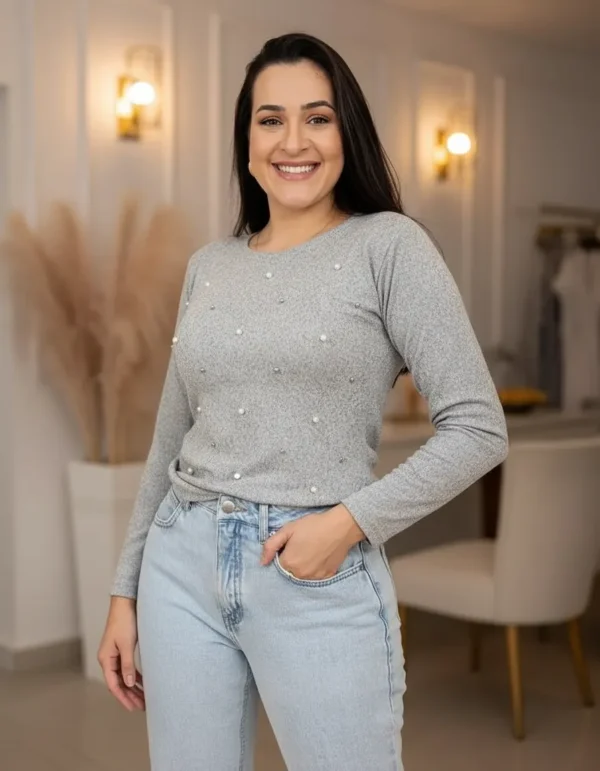 Cód. 1264 - Blusa Lanzinha Feminina Manga Longa Aplique Perolas Sueter