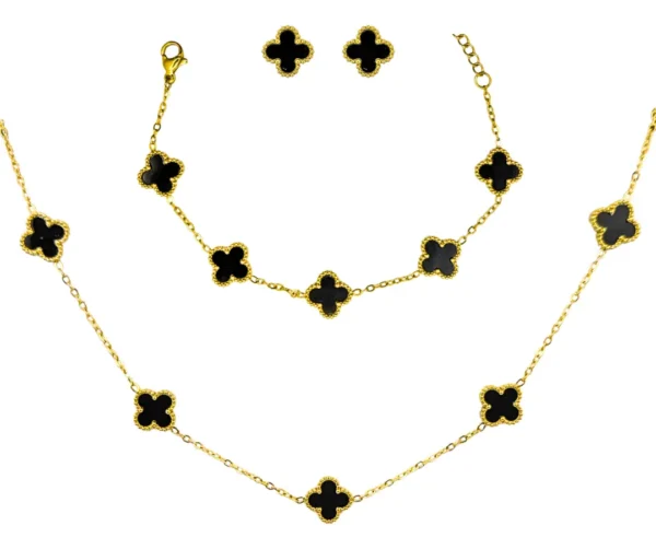 Cód. 331 - Kit Colar Choker Pulseira E Brinco Trevo Preto Aço Inox