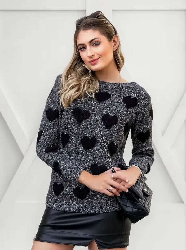 Cód. 1246 - Blusa De Trico Tricot Feminina Corações Inverno Frio Malha