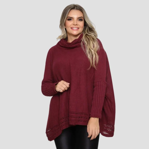 Cód. 1547 - Poncho Feminino Tricô Punho Casaco Lã Amplo Elegante De Frio