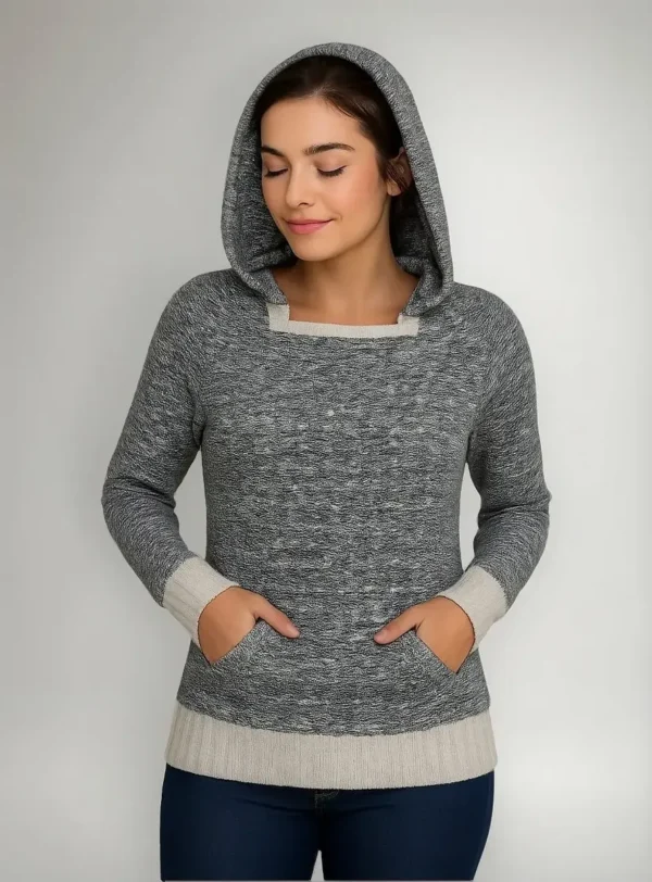 Cód. 1280 - Blusa Tricô Mesclada Com Capuz Feminina Tendencia Quentinha
