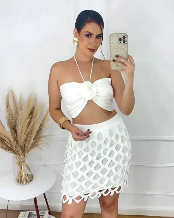 Cód. 1407 - Conjunto Rendado Trico Modal Feminino Flor Saia E Top