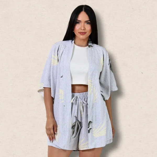 Cód. 1334 - Conjunto Feminino Kimono E Short Estampa Tropical Criativa