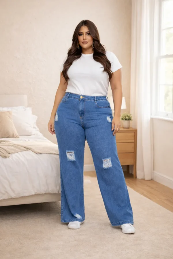 Cód. 378 - Calça Plus Size Jeans Feminina Wide Leg Levanta Bumbum