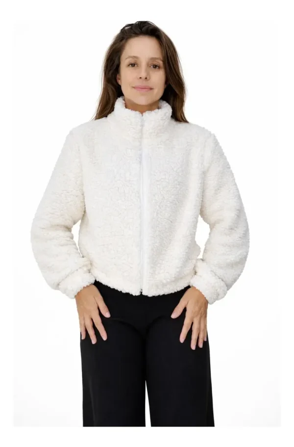 Cód. 1149 - Jaqueta Teddy Cropped Feminina Pelúcia Caramelo Zíper