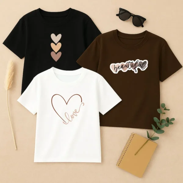 Cód. 448 - Camiseta Feminina De Algodão Kit Com 3 Estampa Love