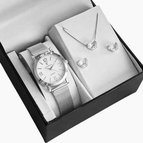 Cód. 324 - Kit Relógio Feminino Prata Prova D&quotágua + Colar E Brincos