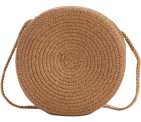 Cód. 215 - Bolsa Feminina De Palha Redonda Artesanal Caramelo Com Alça