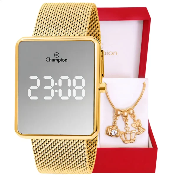 Cód. 291 - Relógio Feminino Champion Digital Dourado Ch40083b + Joias Fundo Espelhado