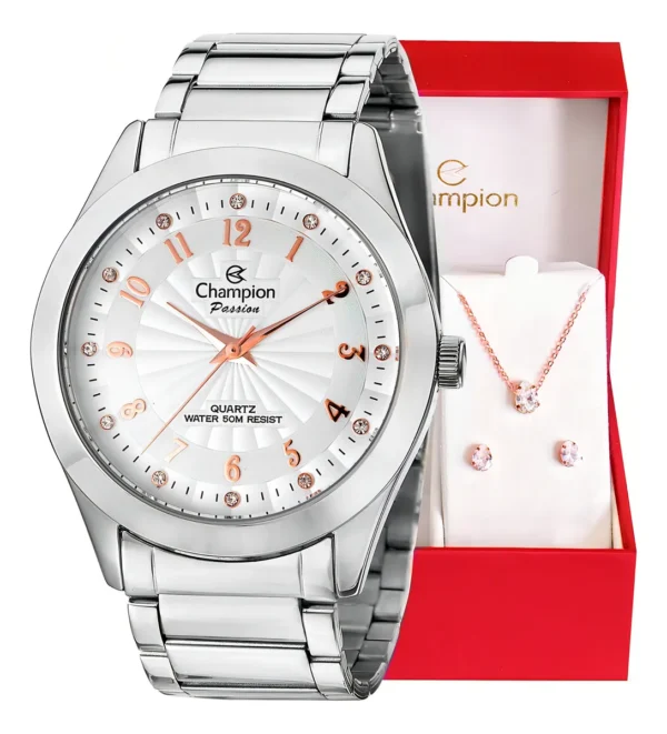 Cód. 872 - Relógio Feminino Champion Analógico Prata + Colar E Brincos Correia Prateado Bisel Prateado Fundo Branco