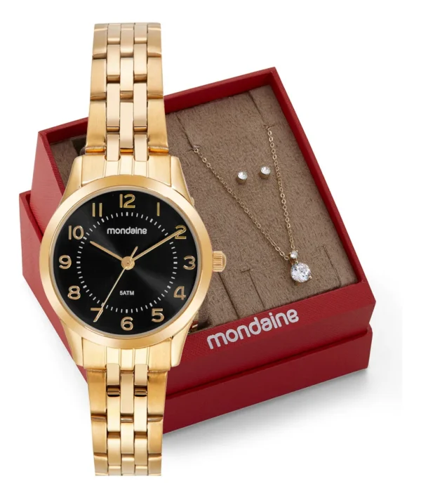 Cód. 871 - Kit Relógio Mondaine Feminino Dourado E Preto 32796lpmkde2k1