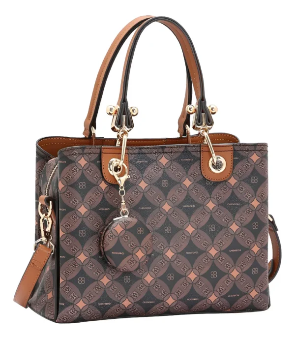 Cód. 178 - Bolsa Feminina Chenson Monograma Contemporâneo 3485378 Acambamento Dos Ferragens Ouro Cor Café Correia De Ombro Marrom Desenho Do Tecido Estampado