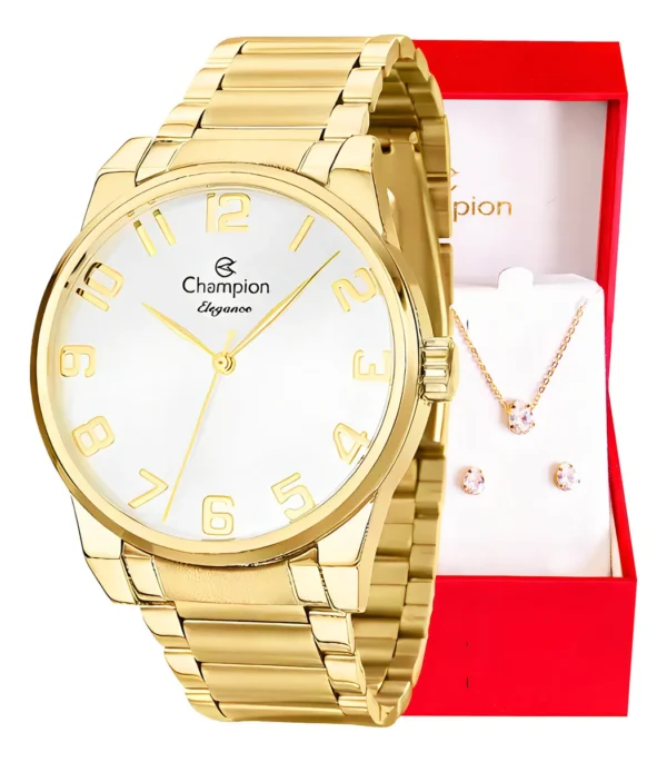 Cód. 286 - Kit Relógio Feminino Champion Dourado Analógico CN27652W Pulseira em Aço Inoxidável Prova D´Agua 50 Metros + Colar e Brincos Presente Perfeito