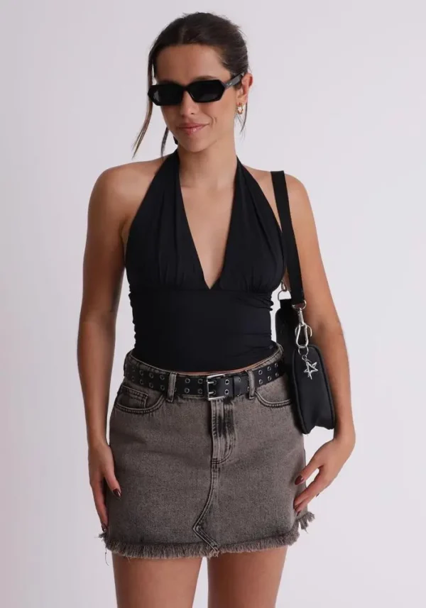 Cód. 1416 - Saia Jeans Curta Com Lavanderia Marrom