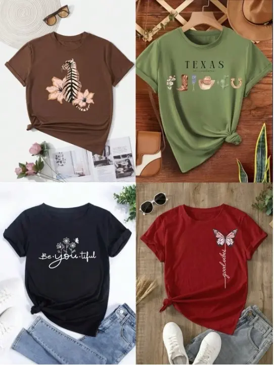 Cód. 436 - Kit 4 Tshirts Blusas De Algodão Feminina Camiseta Texas Flor
