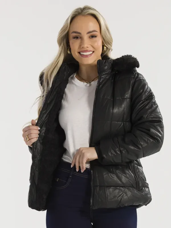 Cód. 715 - Jaqueta Couro Pu Feminina Bobojaco Peluciada Casaco Puffer