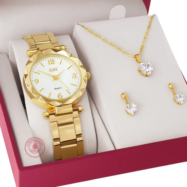 Cód. 876 - Relógio Feminino Analógico + Colar Brincos Folheado Ouro 18k