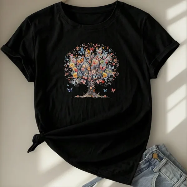 Cód. 463 - Blusa T Shirt Feminina Estampa Árvore De Borboleta Camiseta