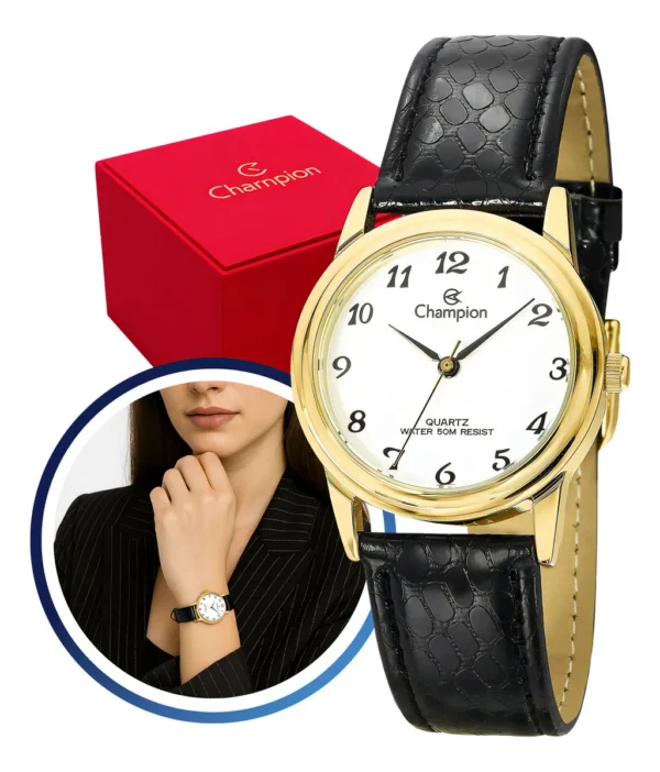 Cód. 887 - Relógio Feminino Champion Dourado Pequeno Pulseira De Couro Elegante Original Social Casual Cor Do Fundo Branco Resistente À Água 5 Atm