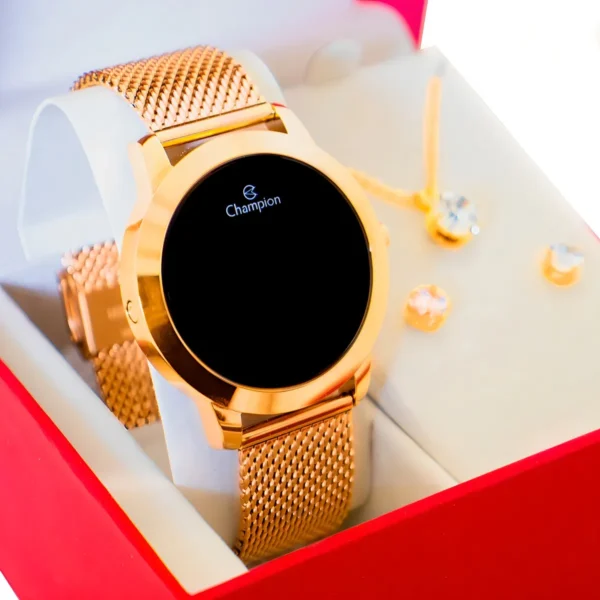 Cód. 308 - Relógio Digital Champion Feminino Dourado Pulseira Mesh Cor do fundo Preto