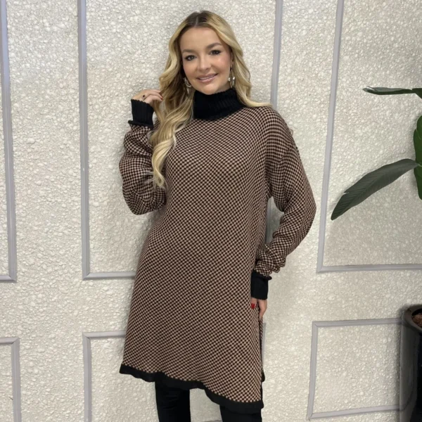 Cód. 1230 - Poncho Xadrez Feminino Tricô Plus Gola Alta Lã Inverno Frio
