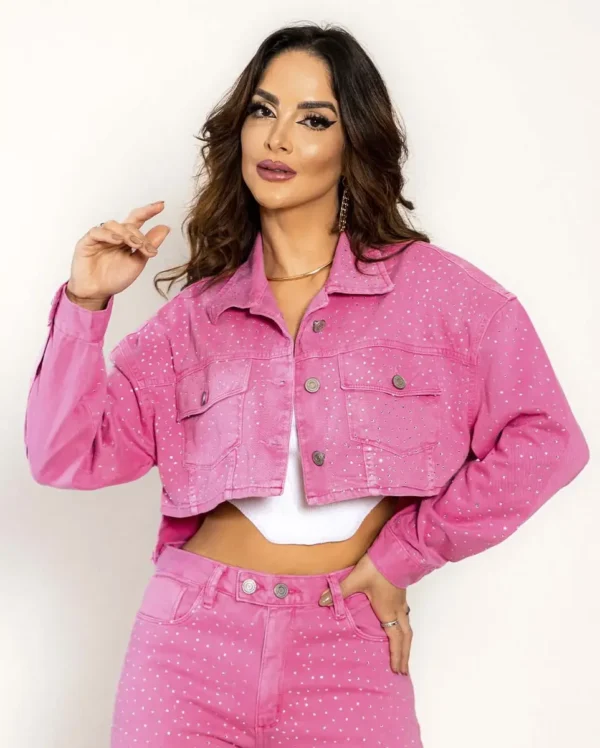 Cód. 1220 - Jaqueta Rosa Fem Cropped Barra Mullet Desfiada Shine 21966