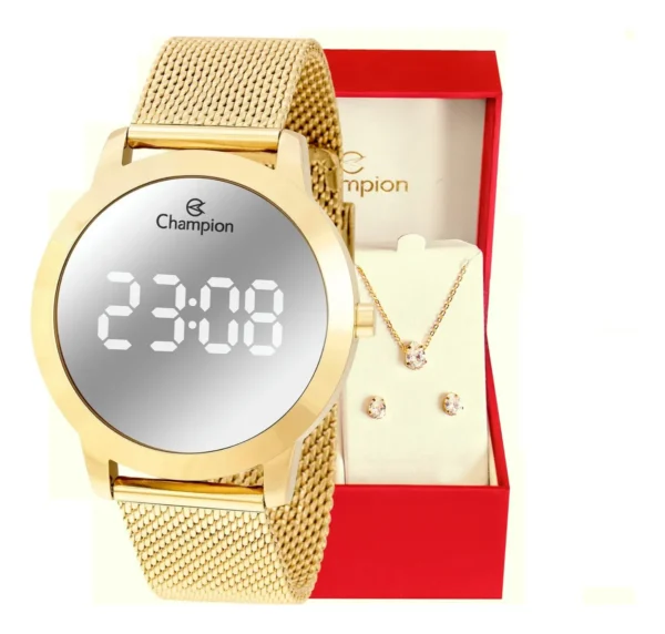 Cód. 884 - Kit Relógio Feminino Dourado Champion Digital Espelhado Colar E Brincos Com Correia em Aço Inoxidável Prova D´Agua 50 Metros