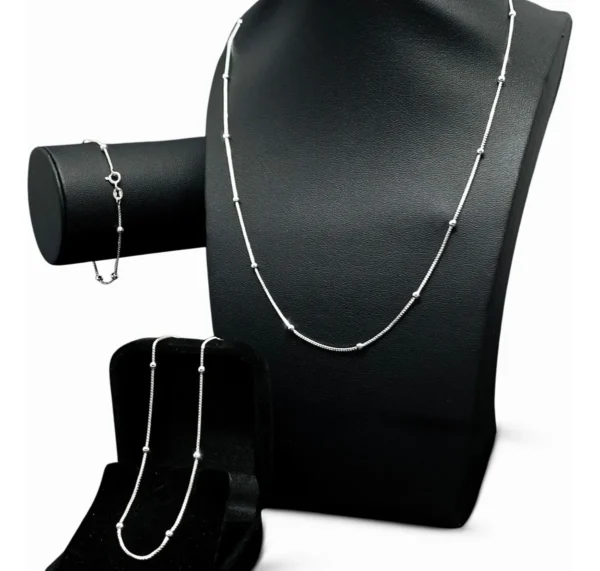 Cód. 330 - Kit Trio Prata 925 Tornozeleira Pulseira Colar Bolinhas Elo Diâmetro 45 cm