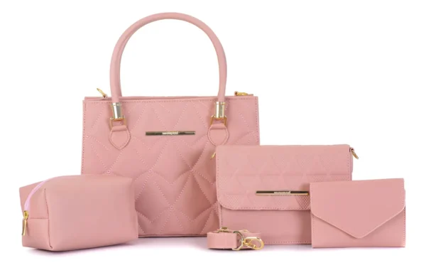 Cód. 163 - Kit 4 Bolsa Feminina Transversal + Carteira E Necessaire Acambamento Dos Ferragens Ouro Cor Rosa Correia De Ombro Rosa Desenho Do Tecido Bordado
