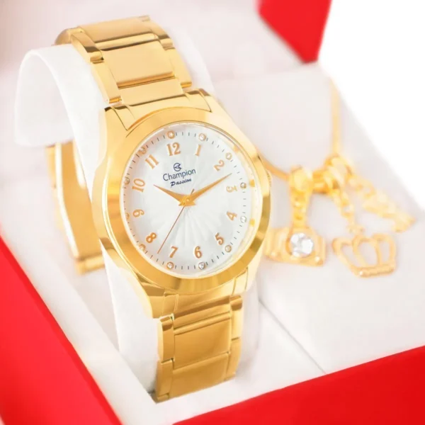 Cód. 893 - Relógio Champion Feminino Dourado Luxo + Pulseira Berloques