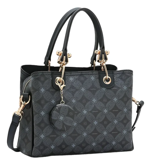 Cód. 204 - Bolsa Feminina Chenson Monograma Contemporâneo 3485378 Acambamento Dos Ferragens Ouro Cor Preto Correia De Ombro Preto Desenho Do Tecido Estampado