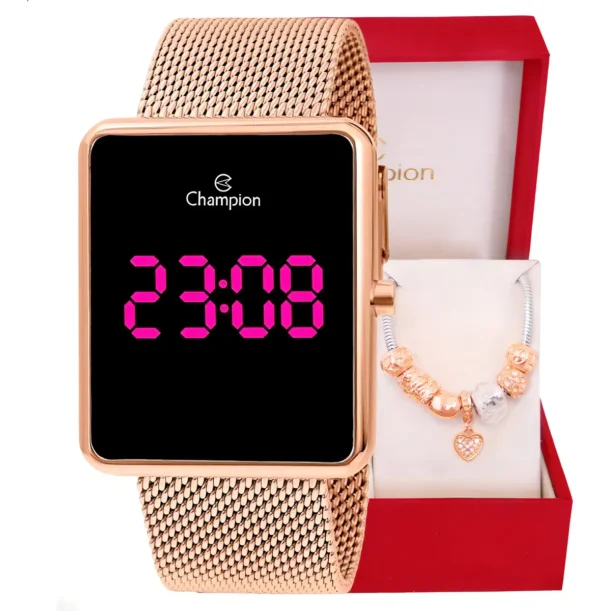 Cód. 326 - Relógio Feminino Champion Digital Rose Ch40083h + Pulseira Fundo Preto