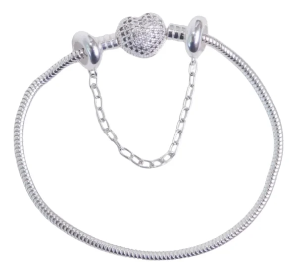 Cód. 335 - Pulseira De Berloque Prata 925 Coração + Trava De Brinde 925