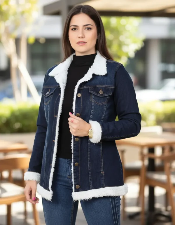 Cód. 1167 - Jaqueta Jeans Maxi Feminina Alongada Grossa Forrada Pelinhos