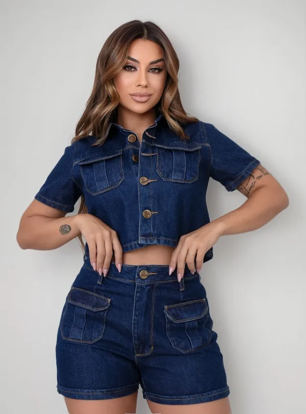 Cód. 1345 - Conjunto Feminino Jeans Bolso Frontal Premium 100% Algodão