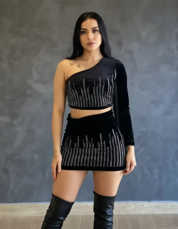 Cód. 1436 - Conjunto Cropped Manga Unica Com Franja E Saia Curta