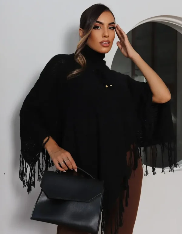 Cód. 1546 - Poncho Tricô Franja Larissa Cacharrel Túnica Meia Estação