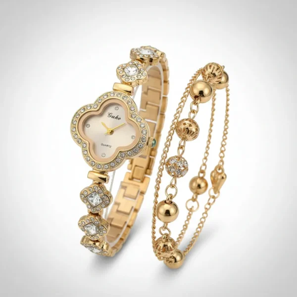 Cód. 888 - Kit Relógio Feminino+pulseira Trevo+caixa Presente Com Stras
