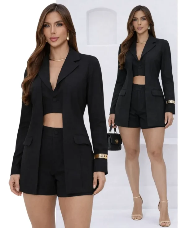 Cód. 1294 - Conjunto Feminino Blazer Colete Duplo Shorts Casual Elegante