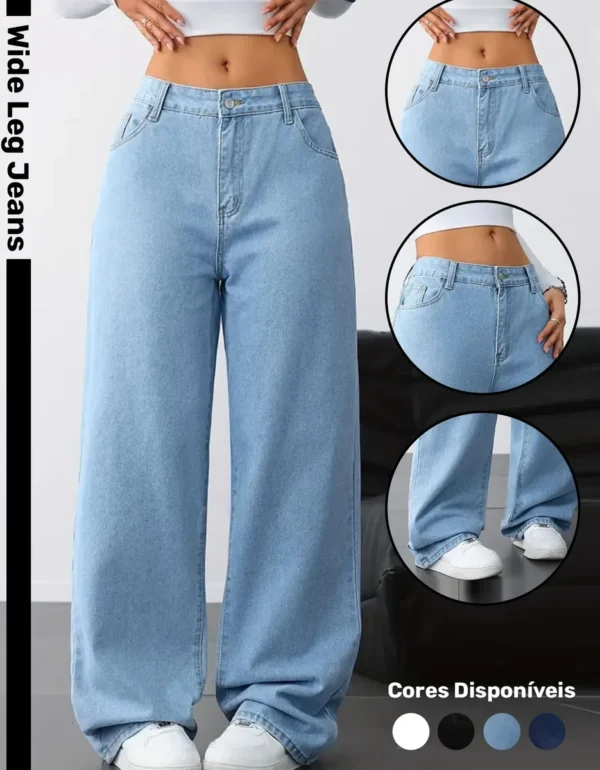 Cód. 401 - Calça Wide Leg Jeans Feminina Reta Perna Larga Empina Bumbum