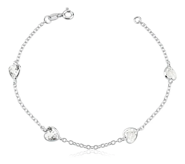 Cód. 315 - Pulseira Prata 925 Corações De Zircônias Cristal Comprimento 18 cm Diâmetro 19 cm