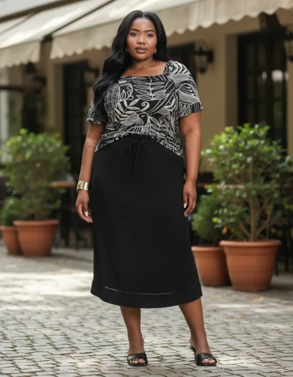 Cód. 1398 - Saia Midi Plus Size Em Viscose Secret Glam Preto