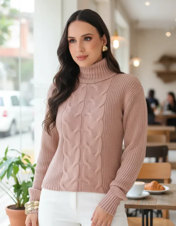 Cód. 1236 - Sueter Gola Alta Pullover Feminino Blusa Tricot Lã Elegante
