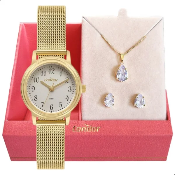Cód. 296 - Relógio Feminino Condor Dourado Pequeno Pulseira Mesh Luxo Fundo Branco