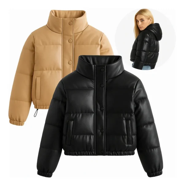 Cód. 702 - Jaqueta Puffer Feminina Cropped Couro Forrada Capuz Pelinho