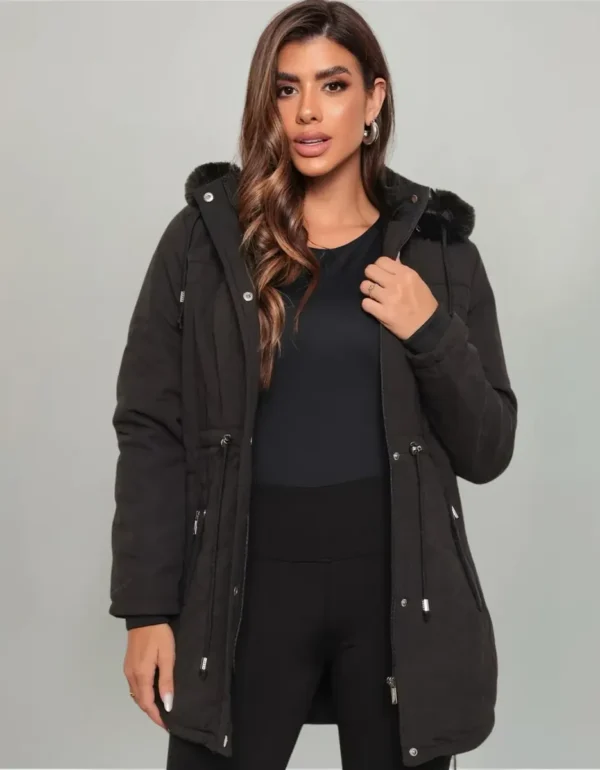 Cód. 600 - Casaco Parka Sarja Sobretudo Feminino Forrado Pelúcia Capuz